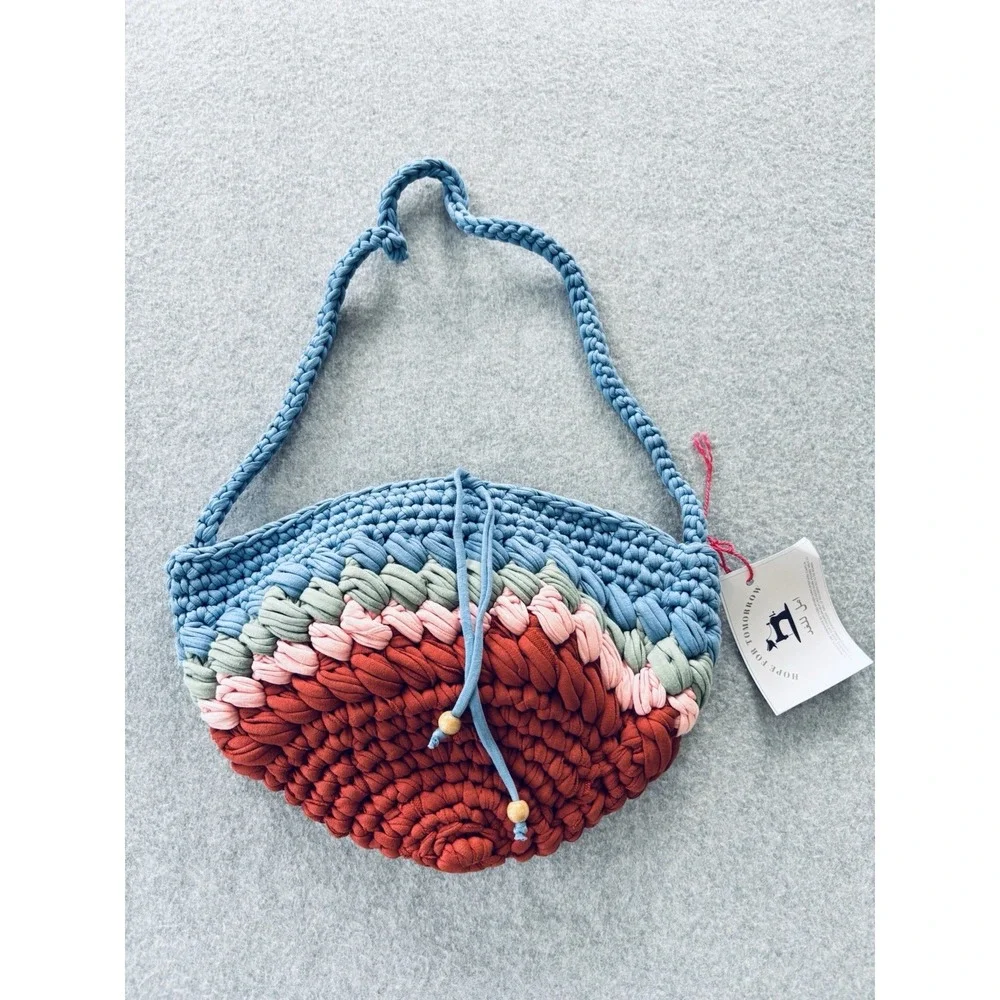 Handmade Crochet Chunky Knit Vibrant Colorful Bag Purse Braided Strap W/Tags